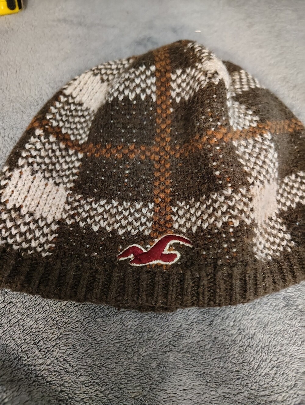 Hollister Brown Plaid Knit Beanie with Red Logo